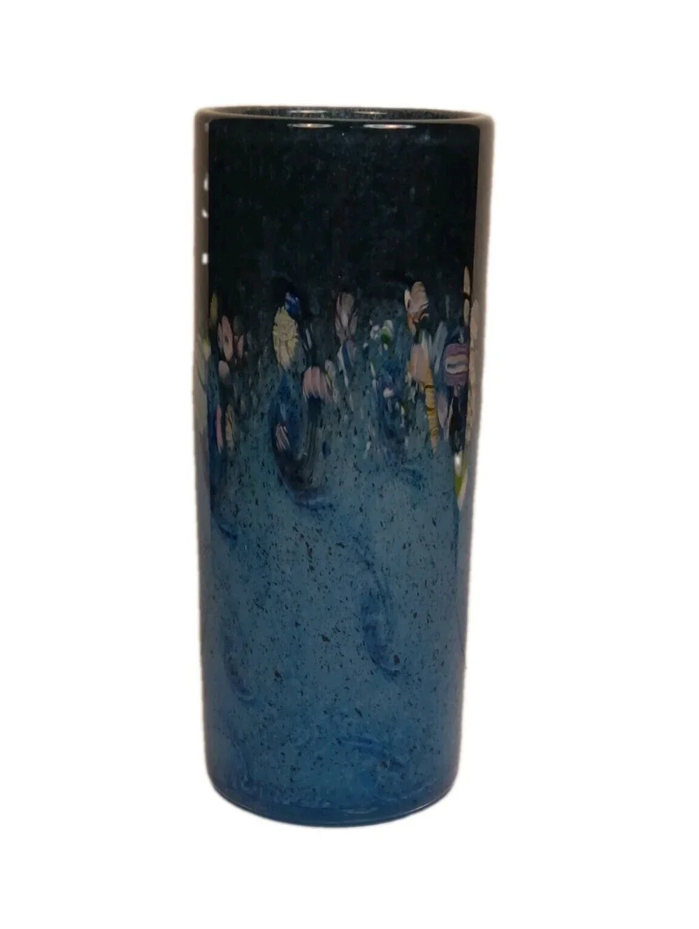 Vintage Blue Millefiori Hand Blown Art Glass Cylinder Vase 8.25